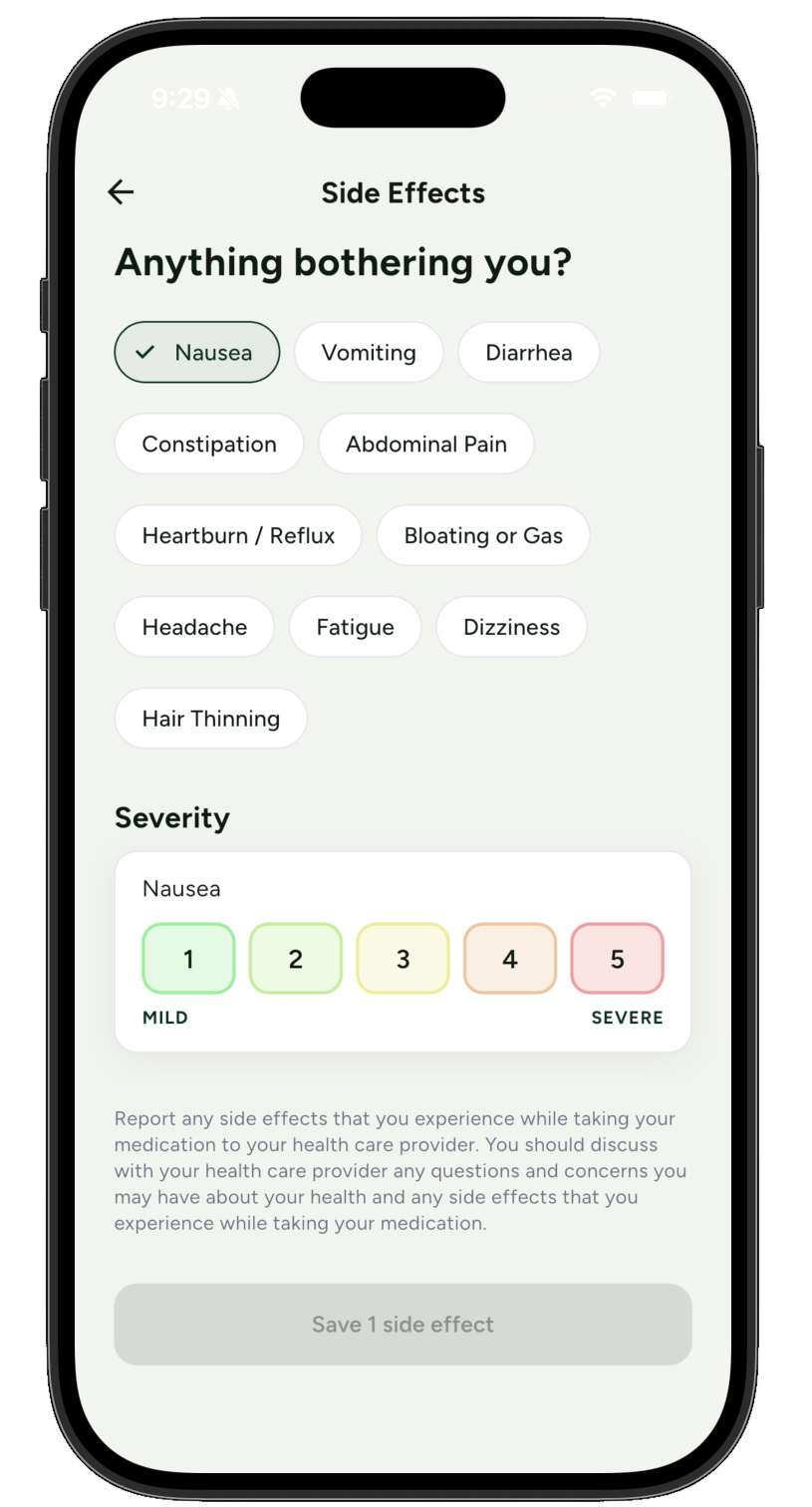 Qare app Side Effects screen